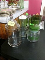 Group of vintage green glasses and jars