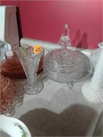 Crystal covered candy dish and pressed glass vase
