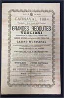 Carnaval and Casino 1884 Broadside Glued on Board