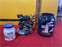 Vintage Jar, Fishing Bear Family & Candle Shade