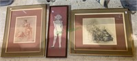 Two framed prints of lady sewing and a framed
