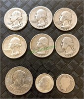 Six US silver quarters, one Susan B Anthony