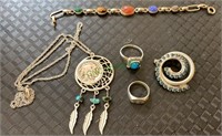 5 jewelry pieces - carved stone scarab bracelet,