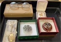 War Dept eyeglasses, Monet collector box, a