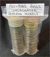 Coins - two uncirculated rolls Jefferson nickels,
