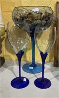 Lot of glassware - two blue and clear wine