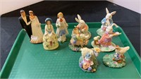 Tray lot - rabbit figurines, Victorian figurines