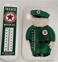 Porcelain Texaco Thermometer & Tin Tex man