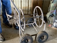 Hose reel 4 wheel cart with basket