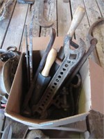 BOX: FILES, ANTIQUE WRENCHES, BALE HOOK, ETC
