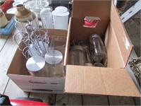 2 BOXES: PRESERVING JARS, GLASS CANNISTERS, ETC