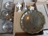 FLAT: SILVER TRAY, CHINA FIGURE AND FLORAL