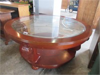 CHERRY FINISH 42" ROUND GLASS TOP COFFEE TABLE