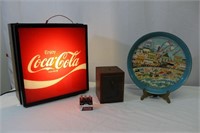 Vintage Coke light, PO box bank, platter and décor