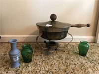 Brass Chafing Dish & 3 Vases