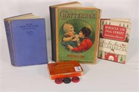 3 Vintage Books and Crokinole Buttons