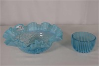 Blue Opalescent Ruffled Bowl and Candy Dish