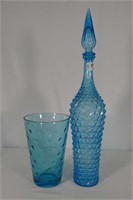 Blue Glass Decanter And Hobnail Vase
