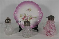 3 Syrup Jugs On 10" Hand Painted Plate