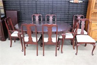 WOODEN DINNING ROOM TABLE WITH EIGHT CHAIRS AND