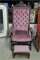 CARVED WOODEN UPHOLSTERED ROCKING CHAIR