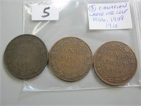 3   Canadian One Cent Coins (1906,1909,1910)