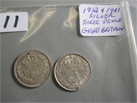 Great Britain Silver 1912 & 1931 Three Pence