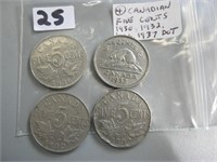 4  Canadian Five Cents (1930,1932,1936,1937 Dot)