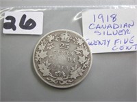 1918 Silver Canadian Twenty Five Cents Coin