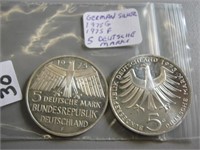 2 German Silver 5 Deutsche Mark Coins