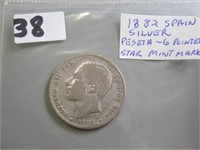 1882 Una Peseta Spain Silver Coin