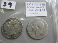 1883 & 1876  Silver Spain Una Peseta Coins