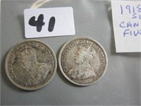 1918 & 1920 Silver Canadian Five Cents Coins