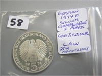 1974F German Silver Commemortaive 5 Mark Coin