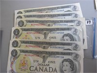 6 Canadian 1973 One Dollar Paper Money