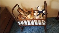 Wooden Crib W/ Antique Dolls & Stuffed Animals