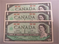 3 Canadian 1967 Centennial One Dollar Bills