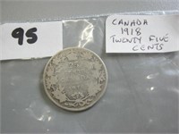 1918 Silver Canadian Twenty Five Cents Coin