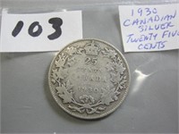 1930 Canadian Silver Twenty Five Cents Coin