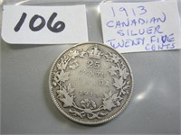 1913 Silver Canadian Twenty Five Cents Coin