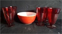#402 Pyrex Red Bowl & 5 Red Beehive Glasses