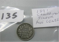1891 Silver Canadian Five Cents Coin