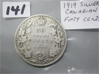 1919  Silver Canadian Fifty Cents Coin