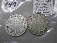 1918 & 1928 Silver Canadian Twenty Five Cents