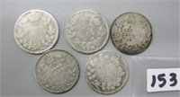 5 Canadian Silver Ten Cents Coins