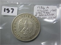 1936A  Silver German 5 Reichsmark Coin
