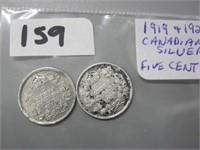 1919 & 1920 Silver Canadian Five Cents Coins