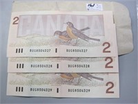 3 - Sequential 1986 Canadian Two Dollar Bills