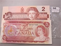 2 Canadian Two Dollar Bills 1974 & 1986