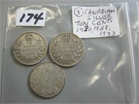 3 Canadian Silver Ten Cents Coins(1928,1930,1933)